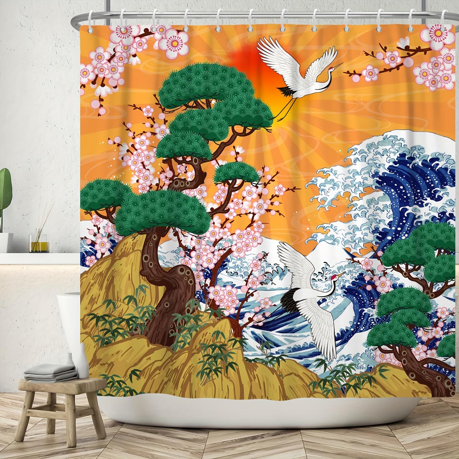 Shower Curtain: Traditional Japanese Scene with Cranes, Cherry Blossoms, and Ocean Waves for an Oriental and Harmonious Bathroom W90XH180cm