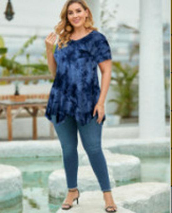 Plus Size Women s Tie-Dye V-Neck Irregular Hem Short Sleeve Loose Top 4XL