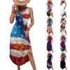 Women Sleeveless Casual Loose Fit Long Dress with Independence Day Star and Stripe Print Side Slit Maxi Dress for Summer