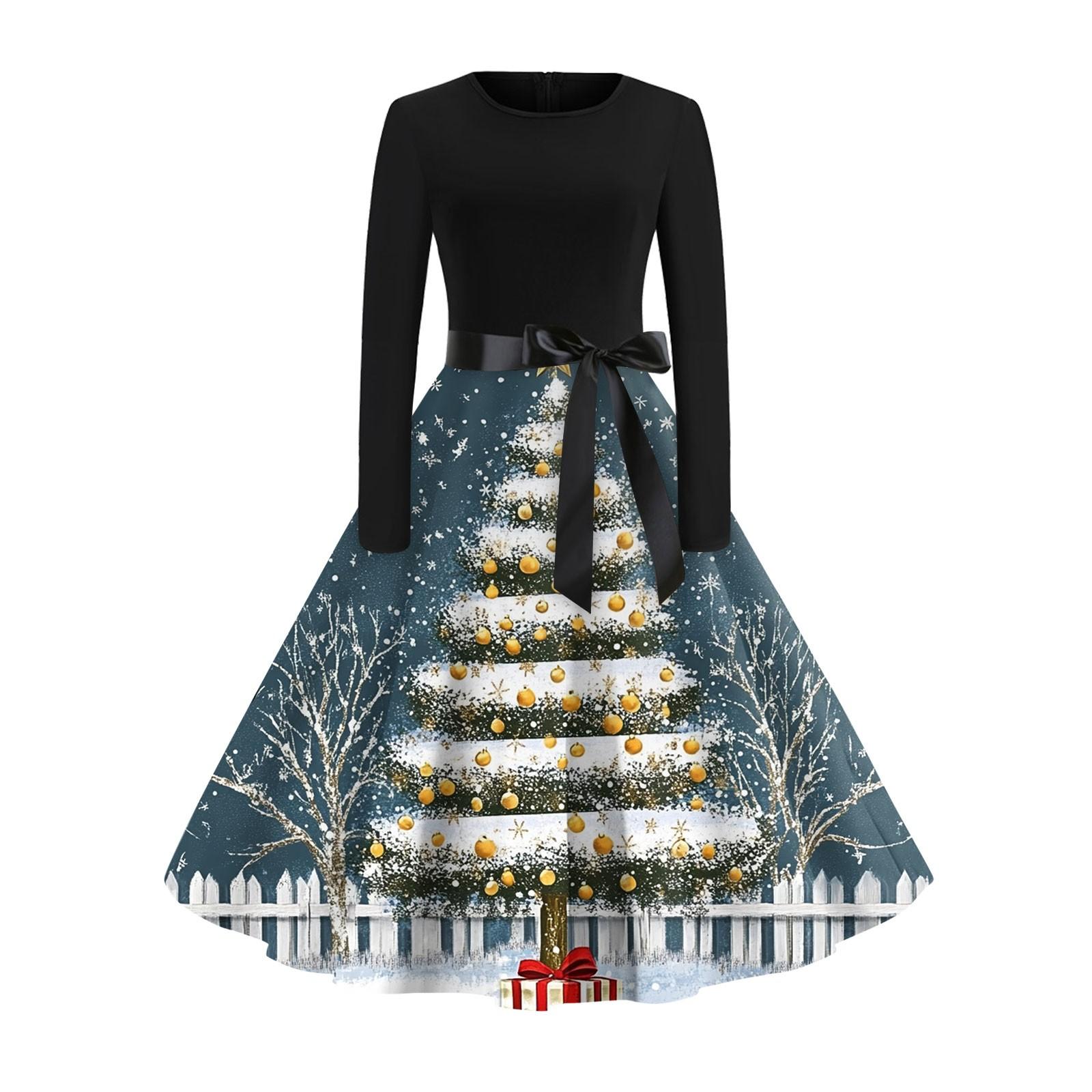 Рождественский принт расклешенное платье для женщин платье с длинным рукавом полые — фото 9