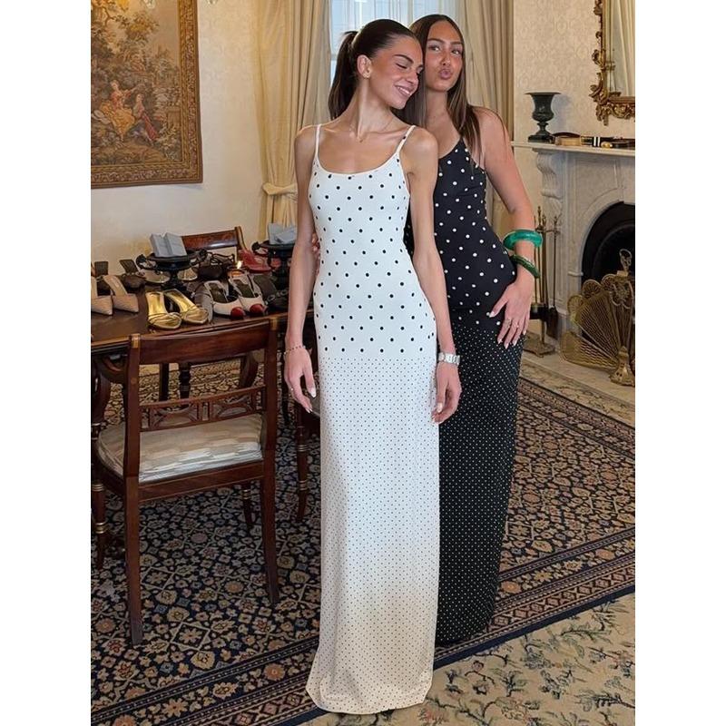 Women's Autumn New Polka Dot French Long Dress with Suspender Sleeveless Hip Wrap Slim Dress Women