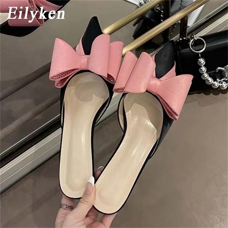 Fashion Eilyken Silk Satin Pointed Toe Women Slipper Fashion Butterfly-knot Shallow Slip On Ladies Mules Low High Slides Shoes