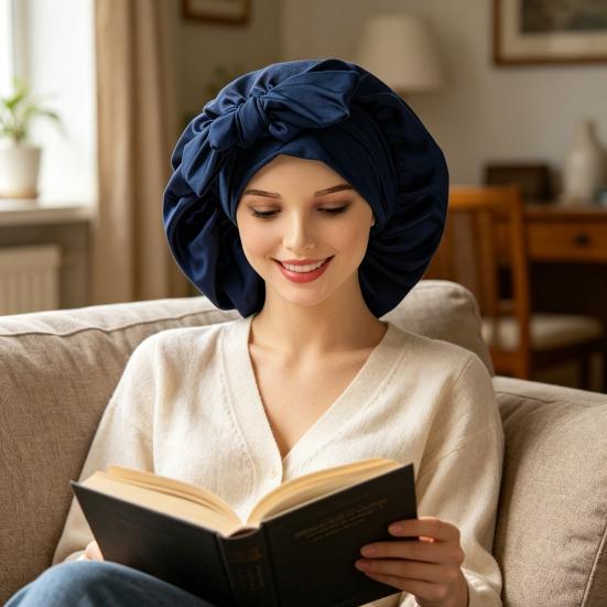 Sleeping Satin Bonnet with Elastic Tie Band Adjustable Large Silk Hair Bonnet Wrap Solid Color Women Braids Long Curly Hair Night Sleep Cap
