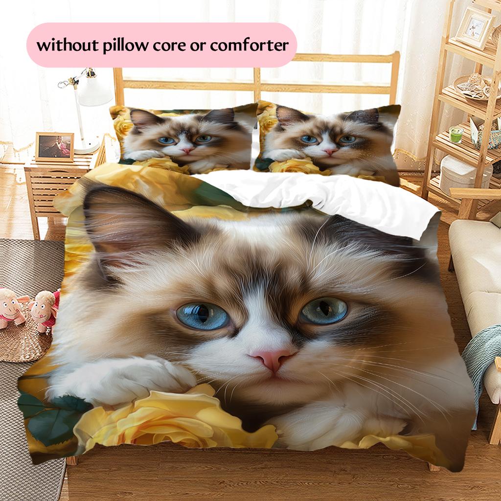Ragdoll Cat and Rose Pattern Bedding Home Decoration Birthday Gift (1 * Duvet Cover + 2 * Pillowcase, Without Core)