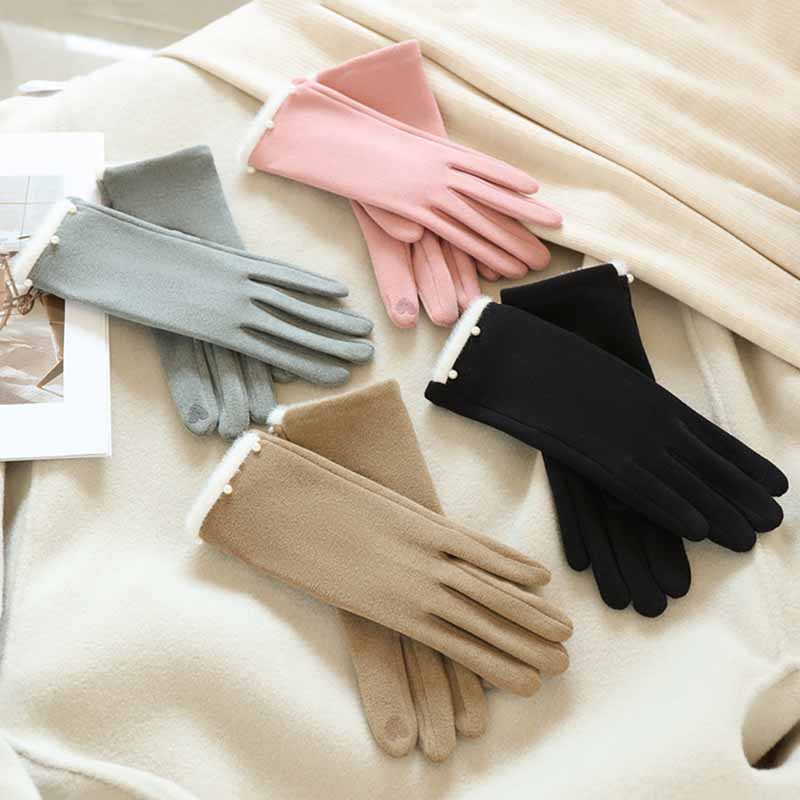 Winter Women Keep Warm Fashion Elegant Plush Wrist Cuff Pearl Gloves Luxury Fleece Soft Cycling Drive Touch Screen