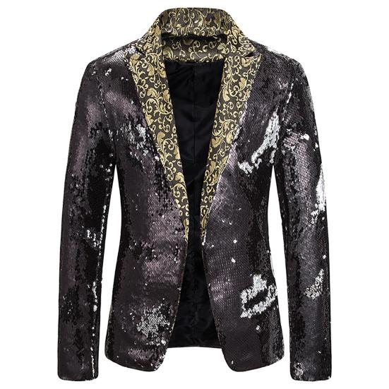 Stage Blazer Shiny Sequin Contrast Color Shining Turn-down Collar Long Sleeves Circus Clothes Concert Flower Print Performance Suit for Nightclub