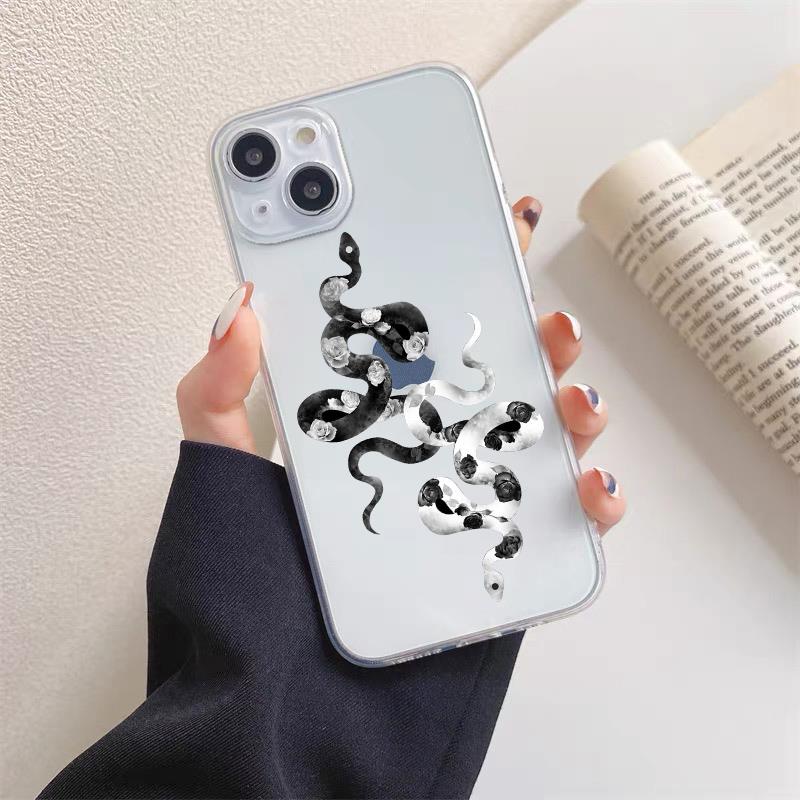 Luxurious Black White Flower Snake Clear Phone Case for IPhone X XR XS 14 13 12 11 Pro Max Mini 7 8Plus Unique Dragon Back Cover