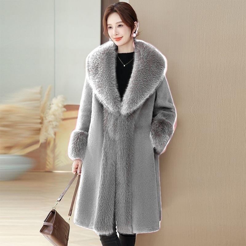 Autumn and winter new padded imitation leather long coat imitation mink fur coat big fur collar woman