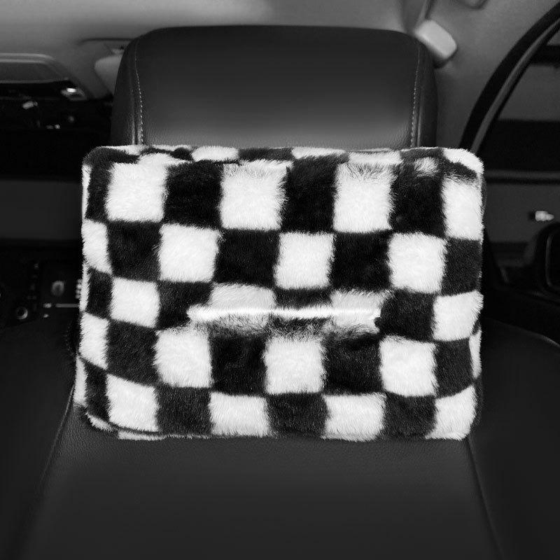 Cute Chessboard Grid Plush  Car Headrest Tissue Box Case Paper Tower Holder Auto Visor Hanging Organizer Styling Car Accessories