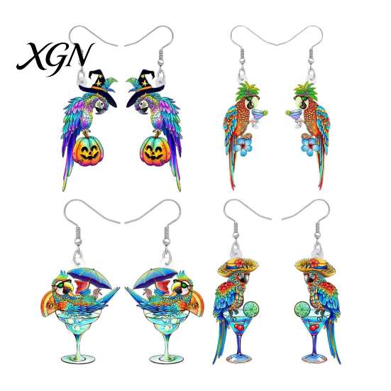 Fun Halloween Costume Jewelry 1 Pair Cute Acrylic Parrot Earrings, Tropical Animal Dangle Double Sided Full Color Earrings for Women, Summer