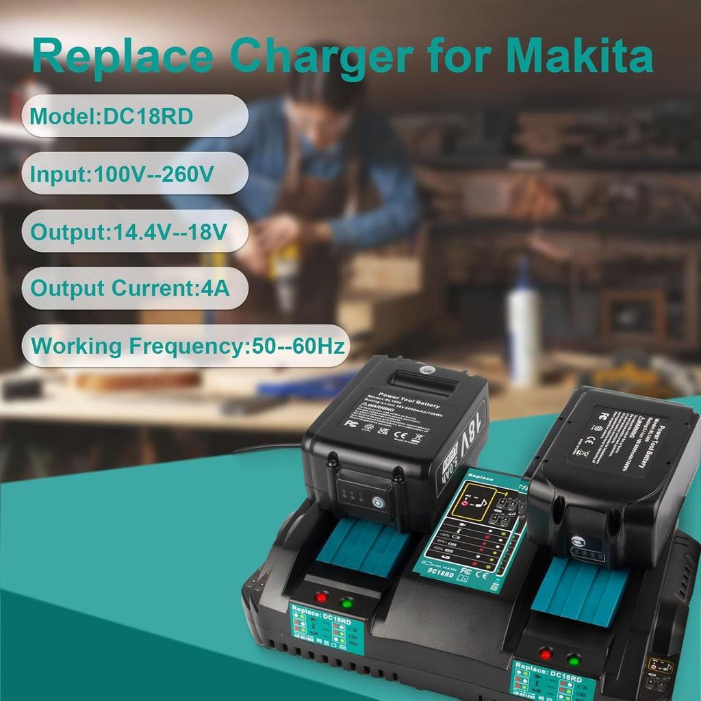 DC18RD 14.4V-18V Replace Charger for Makita 18V Charger, Dual Ports Rapid Charger Compatible with Makita 14.4V-18V Charger DC18RC DC18SF DC18RT &