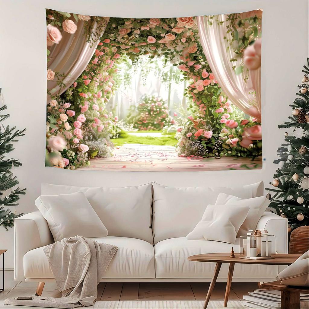 1 Pink Beautiful Romantic Rose Garden Print Tapestry Living Room Wall Decoration Background Cloth Machine Washable Space Pendant