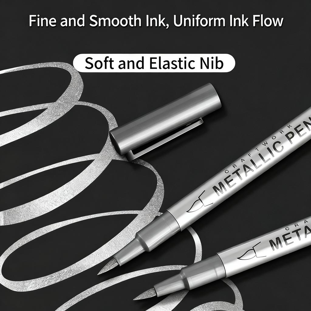 6Pcs Golden & Silver Metallic Markers, Brush & Fine Tip Options - for Painting, Lettering And Detailing - Quick-Drying, Artistic