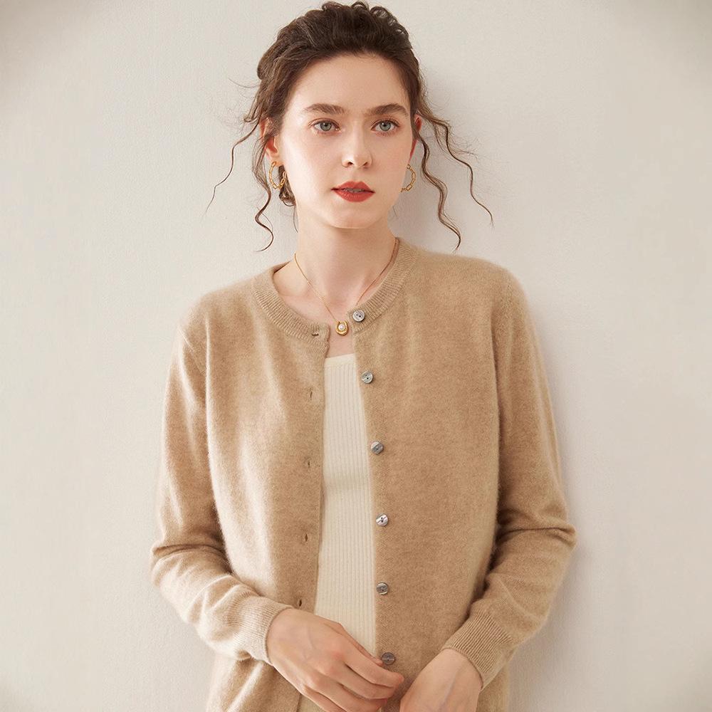 Women's Solid Color Cashmere Cardigan: Twelve-Needle, Round Neck, Loose, Single-Breasted, Slimming, Warm Sweater.