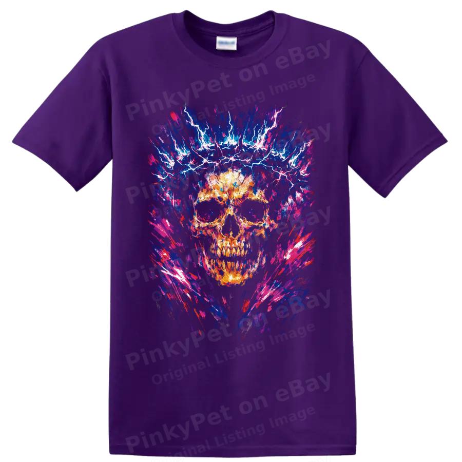 Skull Lightning Abstract Art T Shirt Gothic Neon Electric Graphic Tee Unisex