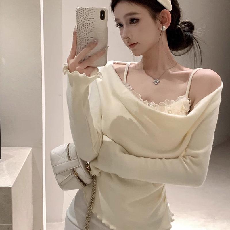 2025 Women's Patchwork Cowl Neck Off-Shoulder Long Sleeve T-Shirt with 3D Floral Design