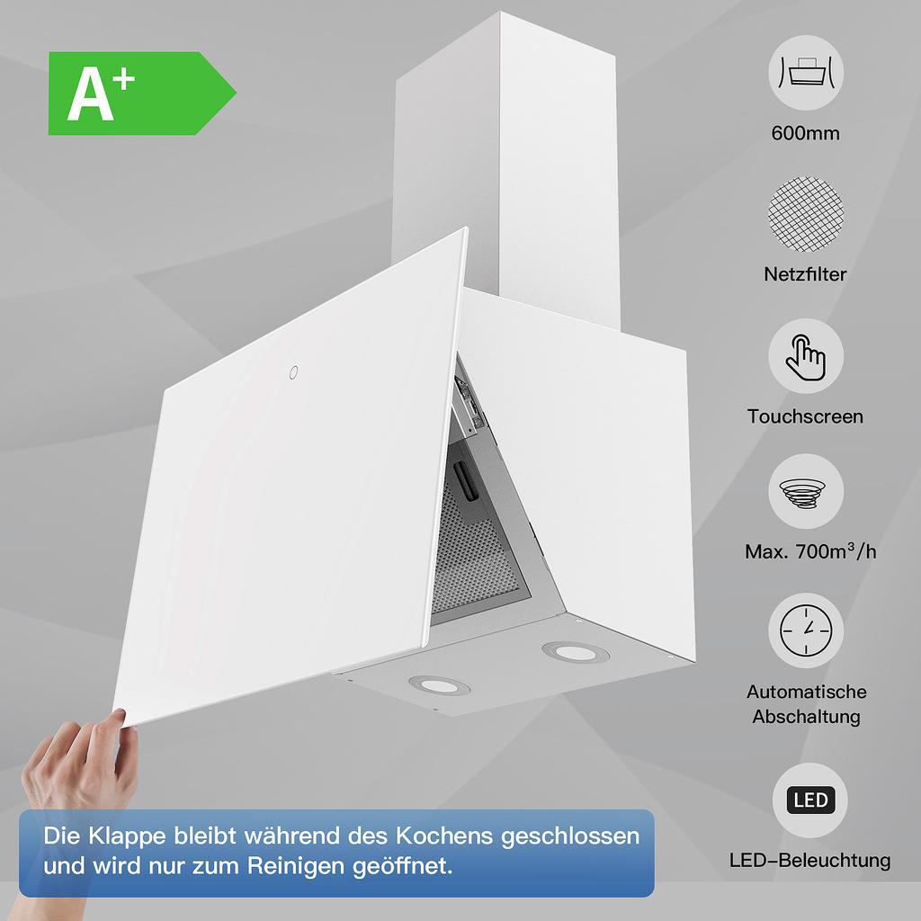 SNDOAS Cooker Hood 60cm Wall Range Hood with Strong Suction, 9-Speed Touch Display,Tempered Glass Touch Control,LED
