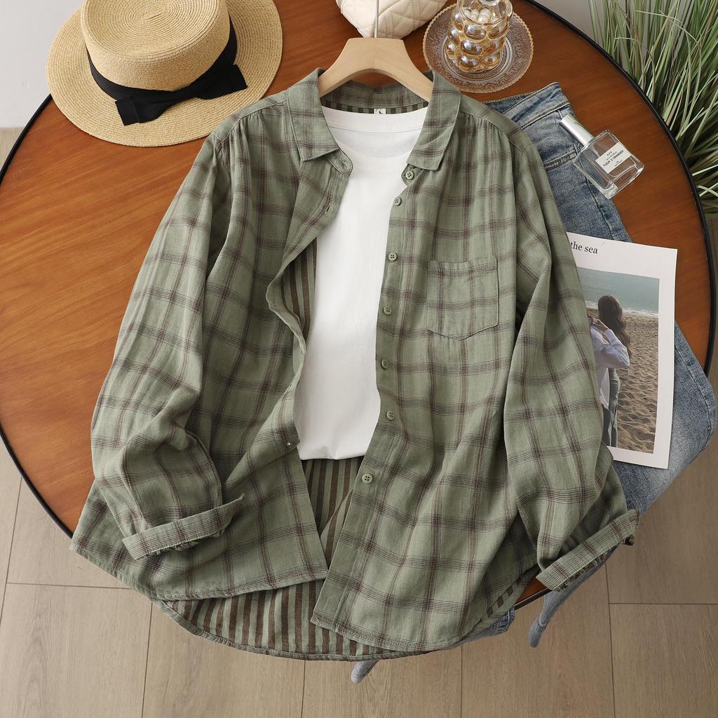 Women's Fresh Plaid Long Sleeve Shirt - Lightweight Sun Protection, Double Layer Cotton Gauze, Spring/Summer 2026.