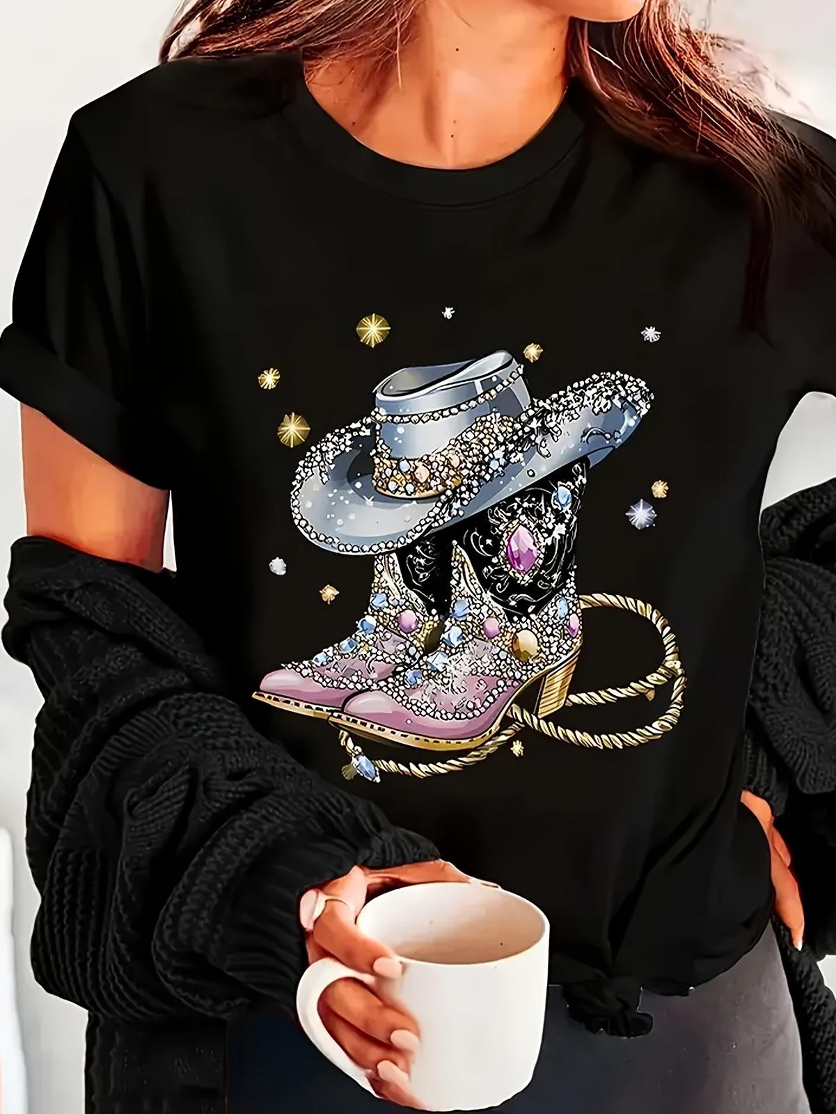 Rhinestone Cowboy Hat Boots Print T-shirt XXL
