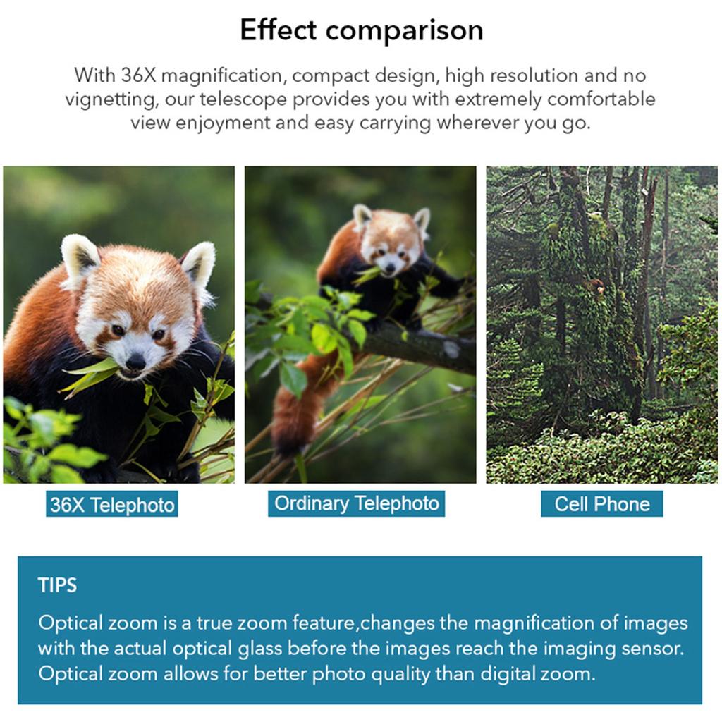 Single Tube Telescope 36X Phone Telephoto Lens with Small Tripod for Bird Watching Camping