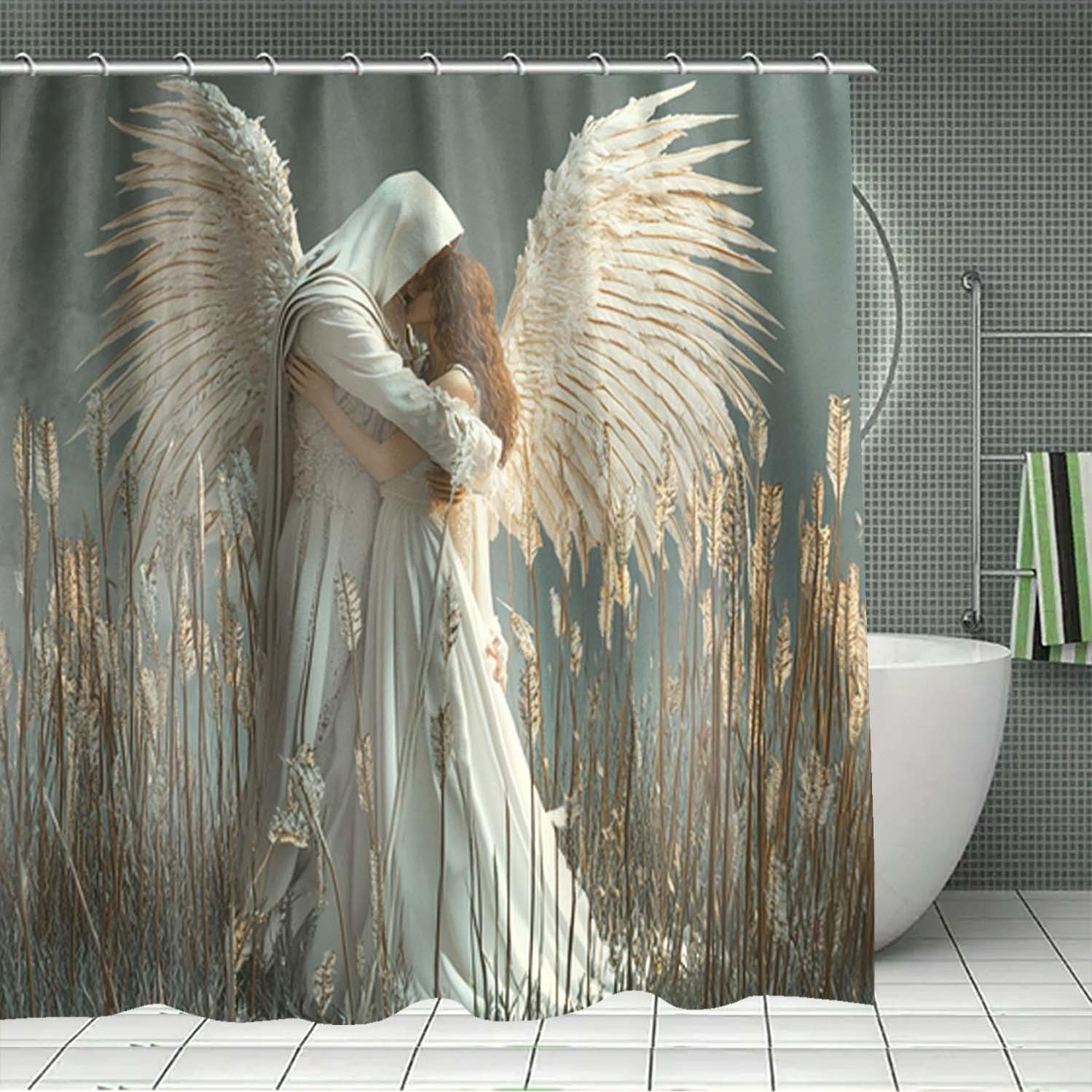 

Романтический Ангельский Поцелуй Водонепроницаемая Устойчивая к Плесени Шторка для Душа - Эфирный Дизайн для Небесного Декора Ванной Комнаты W90XH180cm