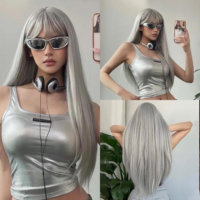 Pelucas Sintéticas Negras Rosadas para Cosplay Pelucas Largas Lisas a Capas con Flequillo para Mujeres Cabello Resistente al Calor