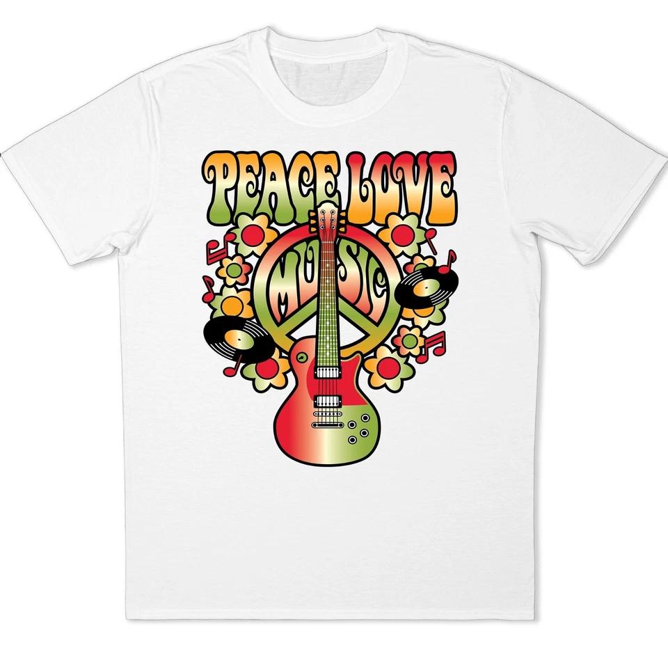Peace Love Music Guitar Graphic T-Shirt Retro Hippie Festival Design Tee 2 2XL