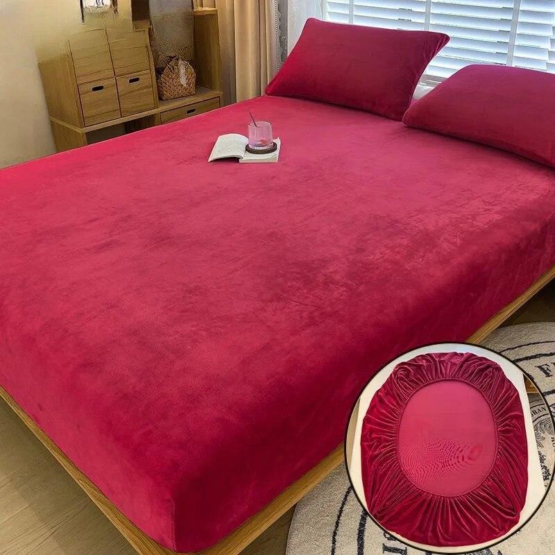 Soft Plush Bed Sheet Elastic Mattress Cover Fluffy Coral Plush Bed Sheet Couple Luxury Double Bed Bedding Supplies Bed Sheet