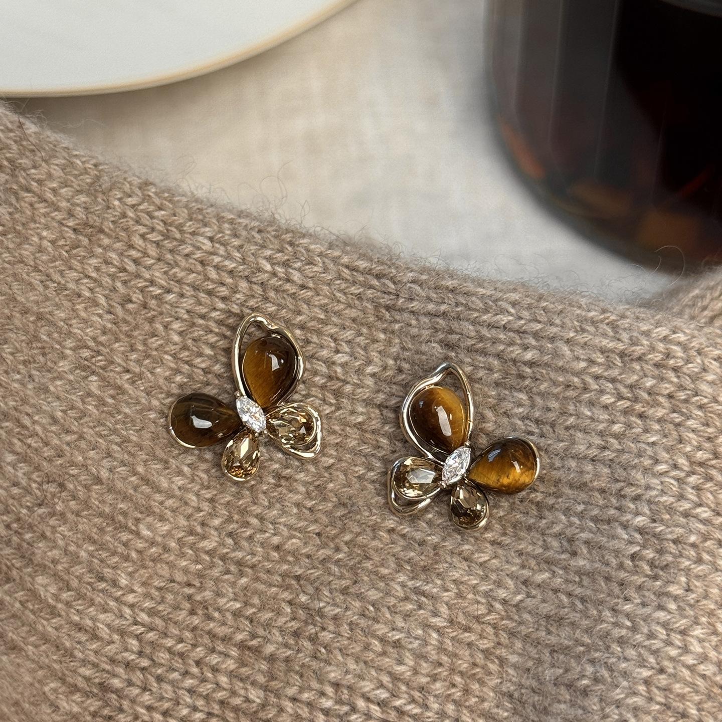 Silver needle zircon tiger s eye stone butterfly earrings Maillard retro fashion temperament earrings light luxury high-end earrings women