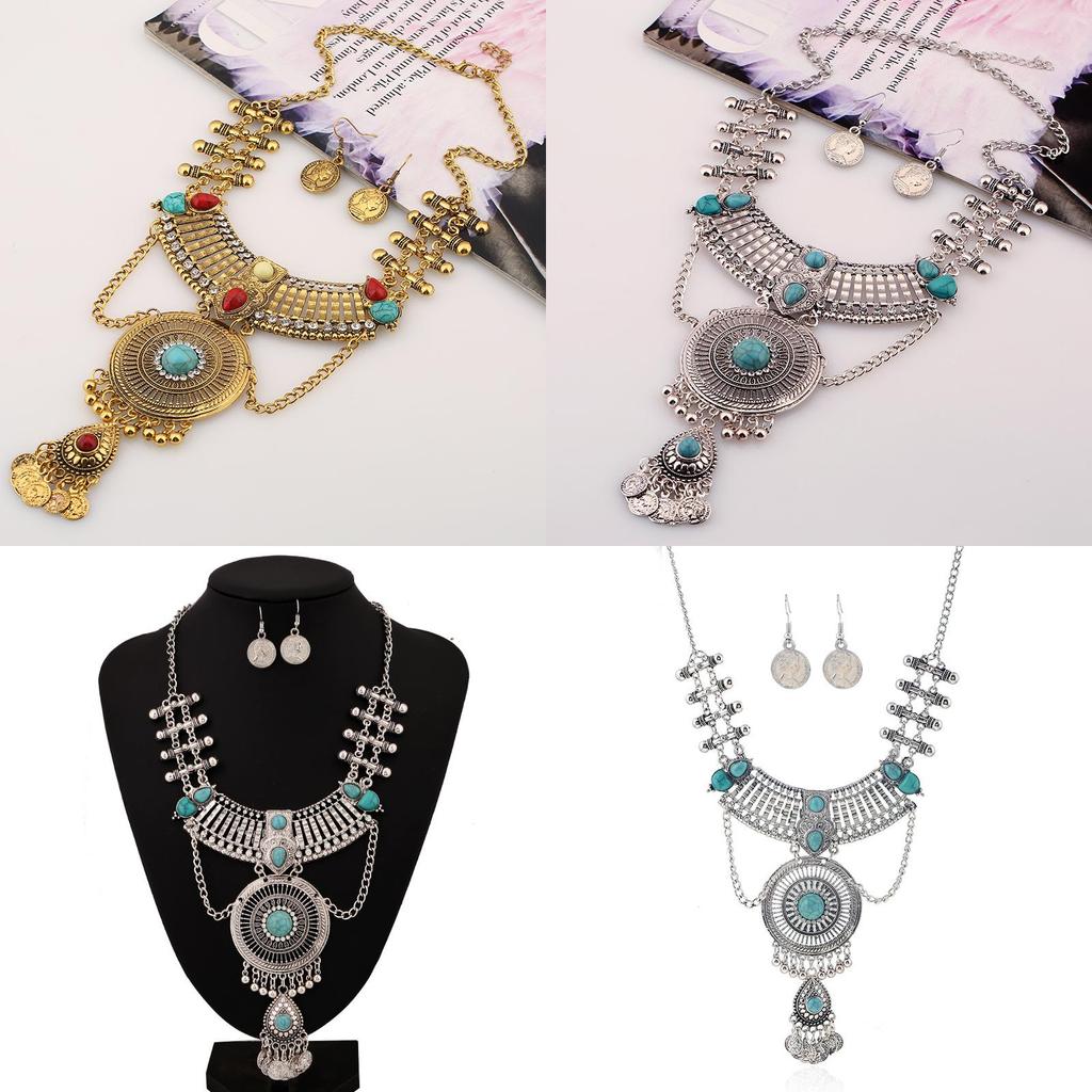 Ethnic Style Simulation Gemstone Decoration Women Necklace And Earring Set