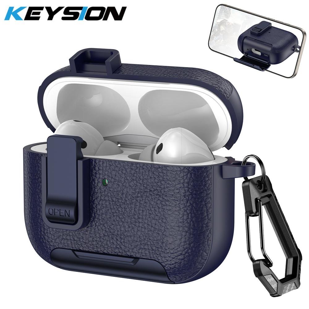KEYSION with Carabiner Lock Phone Stand Protective Earphone Case for AirPods Pro 3 Pro 2 Soft TPU+PC Shockproof Cover for AirPods 4 3 2 1