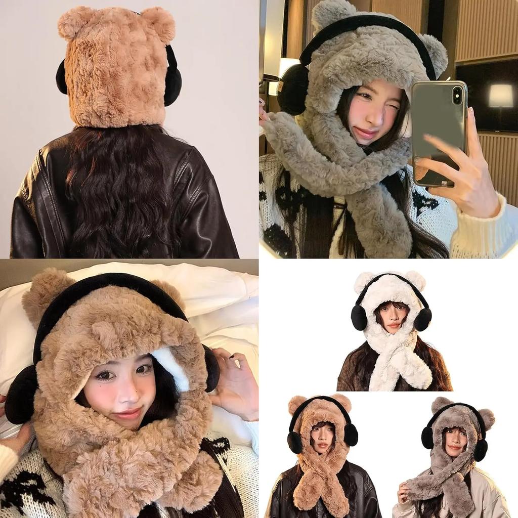Bear with Headphone Hoodie Hat Scarf Set for Girls Winter Thickened Plush Earmuffs Warm Cap for Children Cute Outdoor Wear