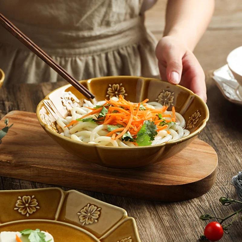 Retro Japanese Style Ceramic Plates Exquisite Relief Soup Bowls Delicious Dishes Dining Plate High End Household Tableware