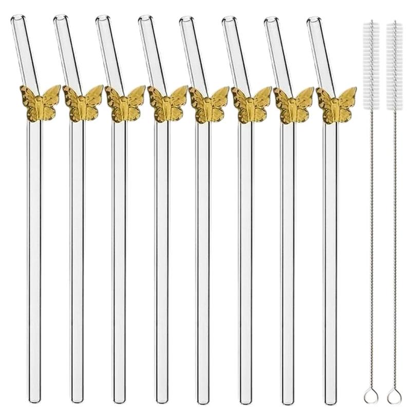 8Pcs Glass Smoothie Straw, Reusable Clear Drinking Straws for Smoothie Milkshakes Environmentally Friendly Drinkware Straw