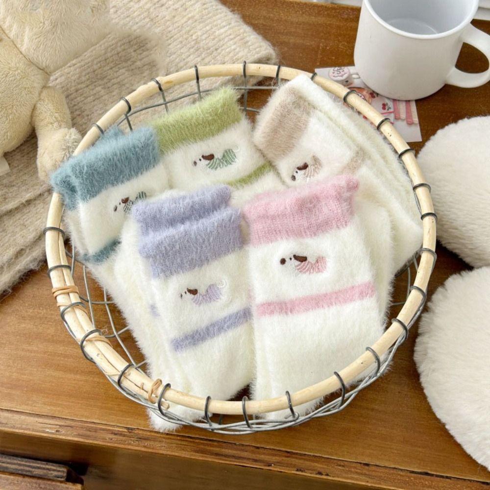 5Pairs Embroidery Mink Fleece Socks Puppy Dog Plush Floor Socks Winter Fluffy Socks  Autumn Winter