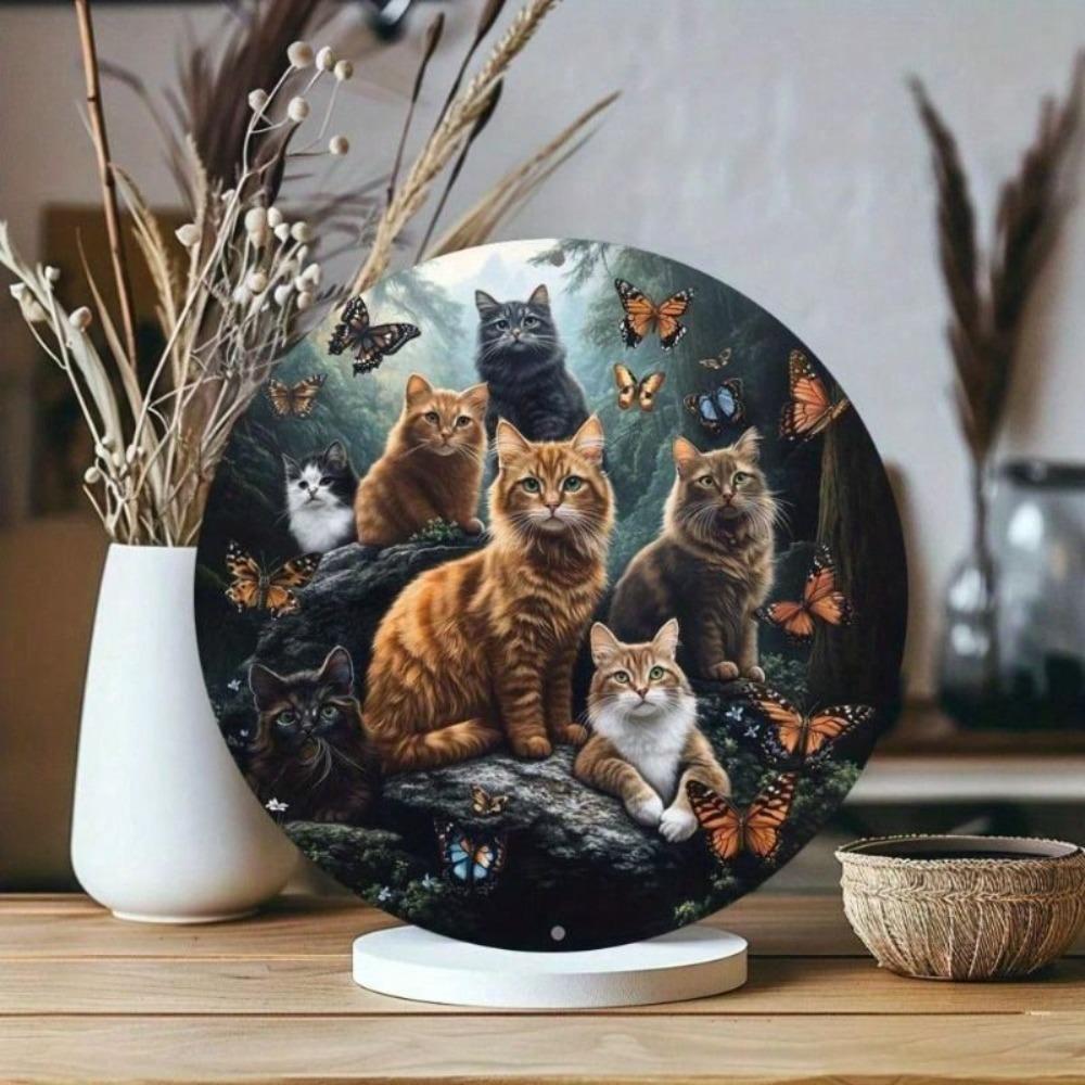 Vintage Round Aluminum Cat Sign 20x20cm Retro Metal Wall Decor With Holes