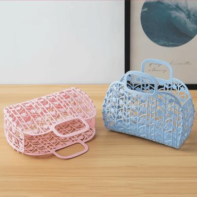 Vintage Portable Storage Basket Detachable Plastic Tote Bag Hollow Large Capacity Jelly Bag Beach Use Bathroom Storage