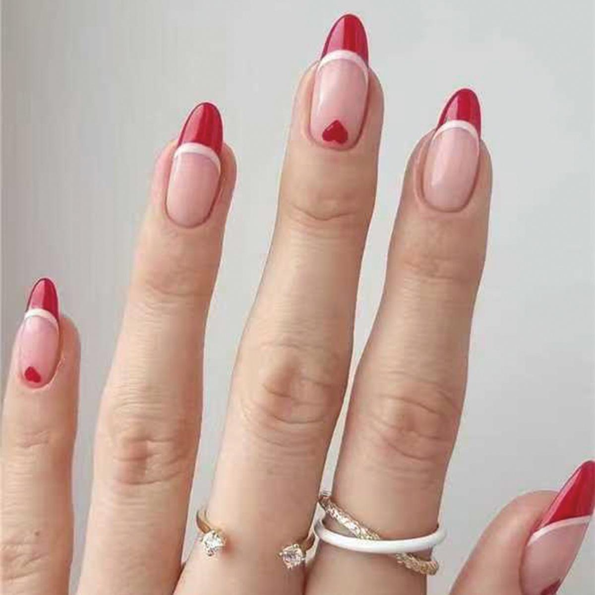 Valentine s Day French Heart Press-On Nails - 30 Pieces Glue Type