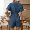 Women's V Neck Short Sleeve Faux Denim Romper Cinched Waist Jumpsuits Casual One Piece Outfits