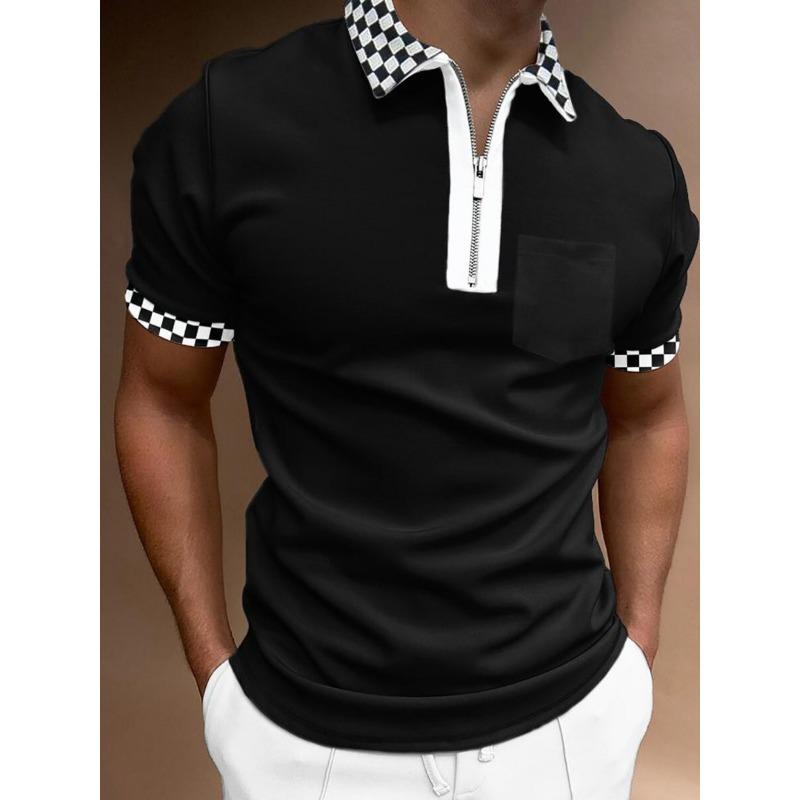 Men S Short Sleeve Polo Shirt Color Block Zip Detail Loose Fit Casual Top