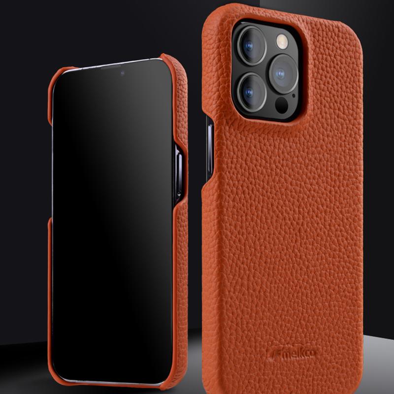 MELKCO For iPhone 13 Pro Max 6.7 inch Large Cutout Phone Case Genuine Cow Leather+PC Cover
