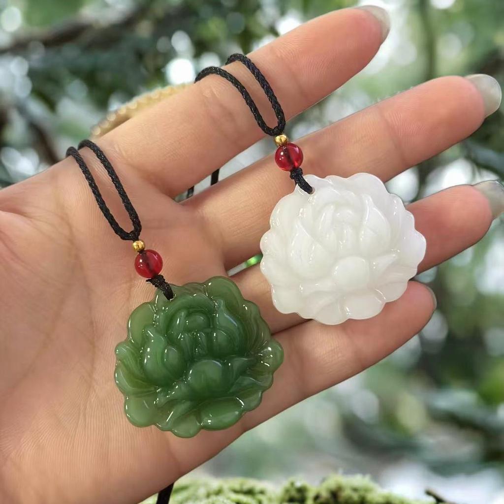Imitation Hetian Jade Lotus Anhänger Halskette für Damen - Weißer Jadeblumen-Aufblühender Wohlstand Design
