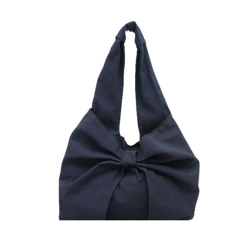 

2025 Elegant Denim Shoulder Tote with Bow Detail синий