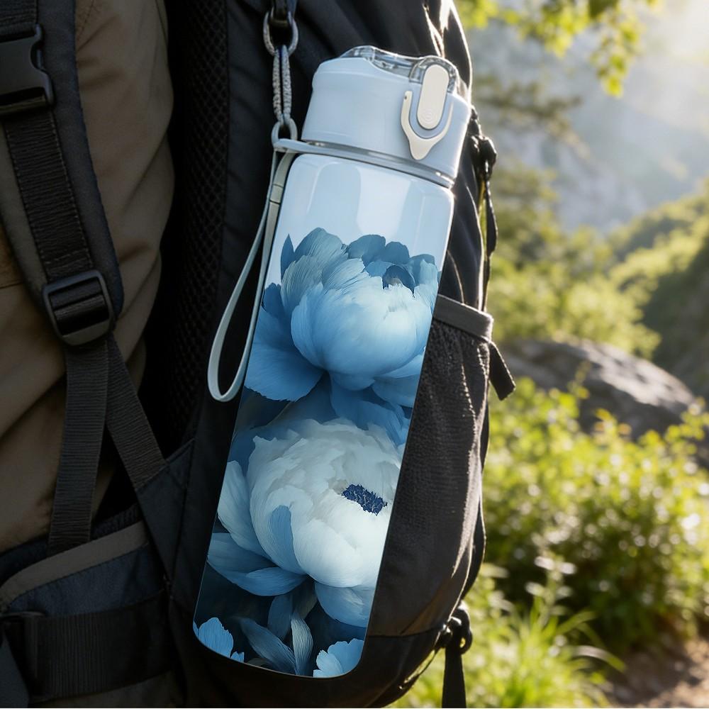 1PC Deep Blue Peony Rose Flower Print 750ml Color Plastic Sports Water Bottle Leakproof Flip Straw Lid Suitable for Sports Office Home Use