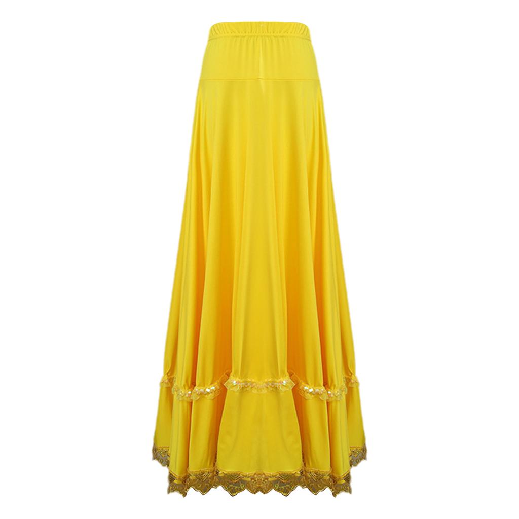 Gonna da ballo a ruota intera professionale per donna: Vita Alta Elastica con Bordino in Pizzo Arricciato per Quadriglia, Ballo da Sala & Flamenco