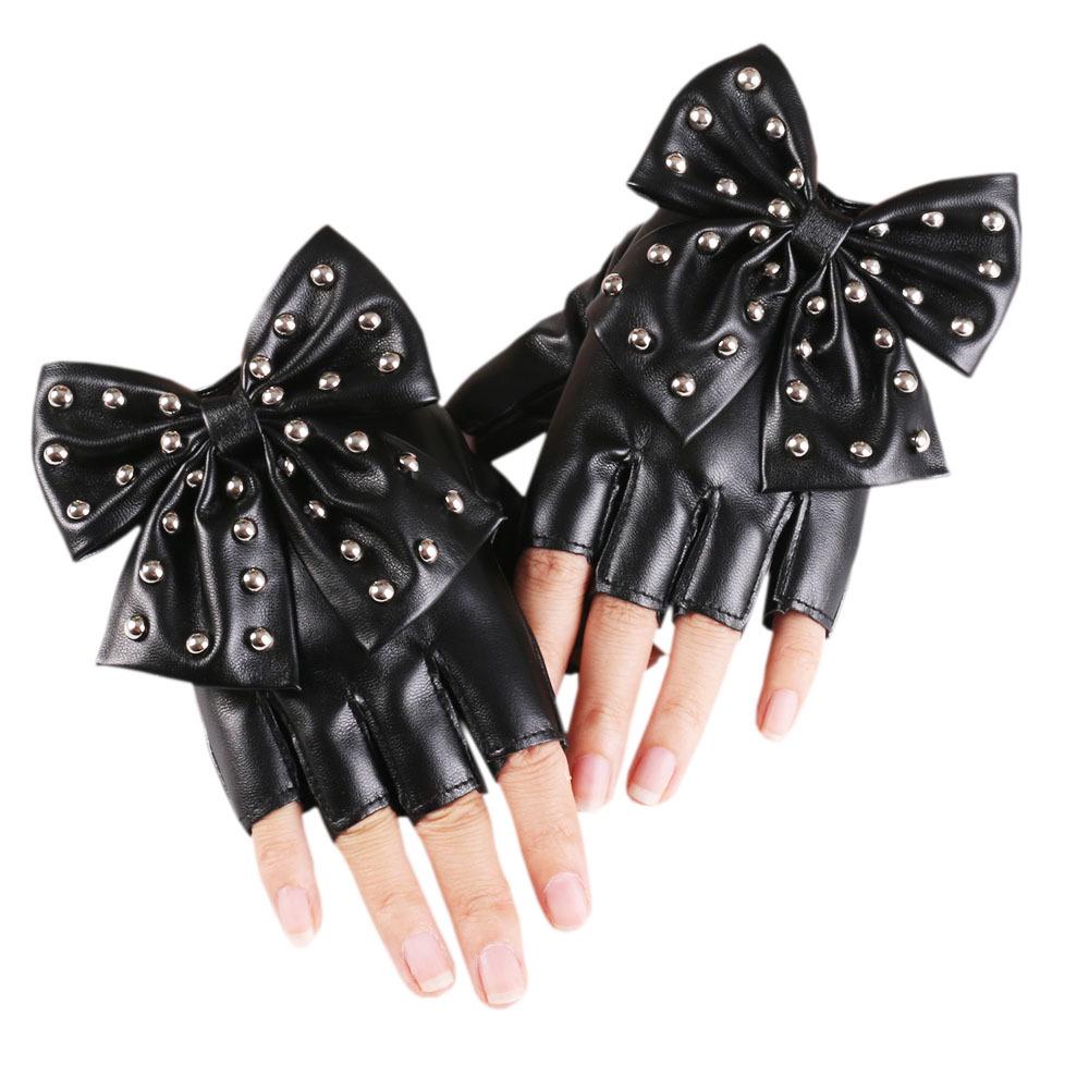 New Women's Bow Rivet Half-Finger Performance Gloves for Nightclub Dance Stage