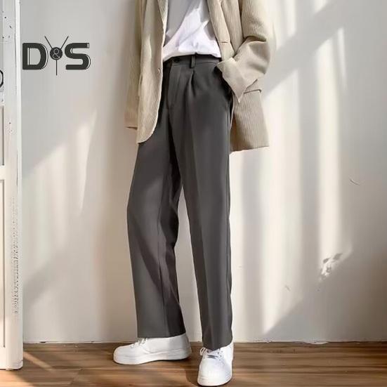 Men Suit Pants Wide Leg Loose Straight Elastic Waistband Formal Business Style Side Pockets Button Zipper Closure Solid Color Office Trousers