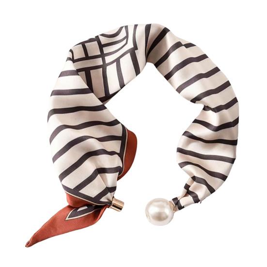 Women Silk Scarf Striped Leopard Dot Print Silk Scarf Necklace with Faux Pearl Magnetic Buttons Formal Wear Accessories