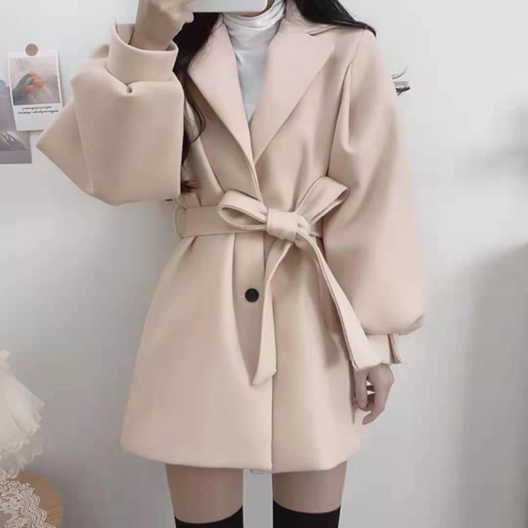 

Korean Wool Coat: Hepburn Style, Strapped, Temperament, Small Suit Collar, Medium-Long, Thin Autumn/Winter Wear for Women XXL чорний