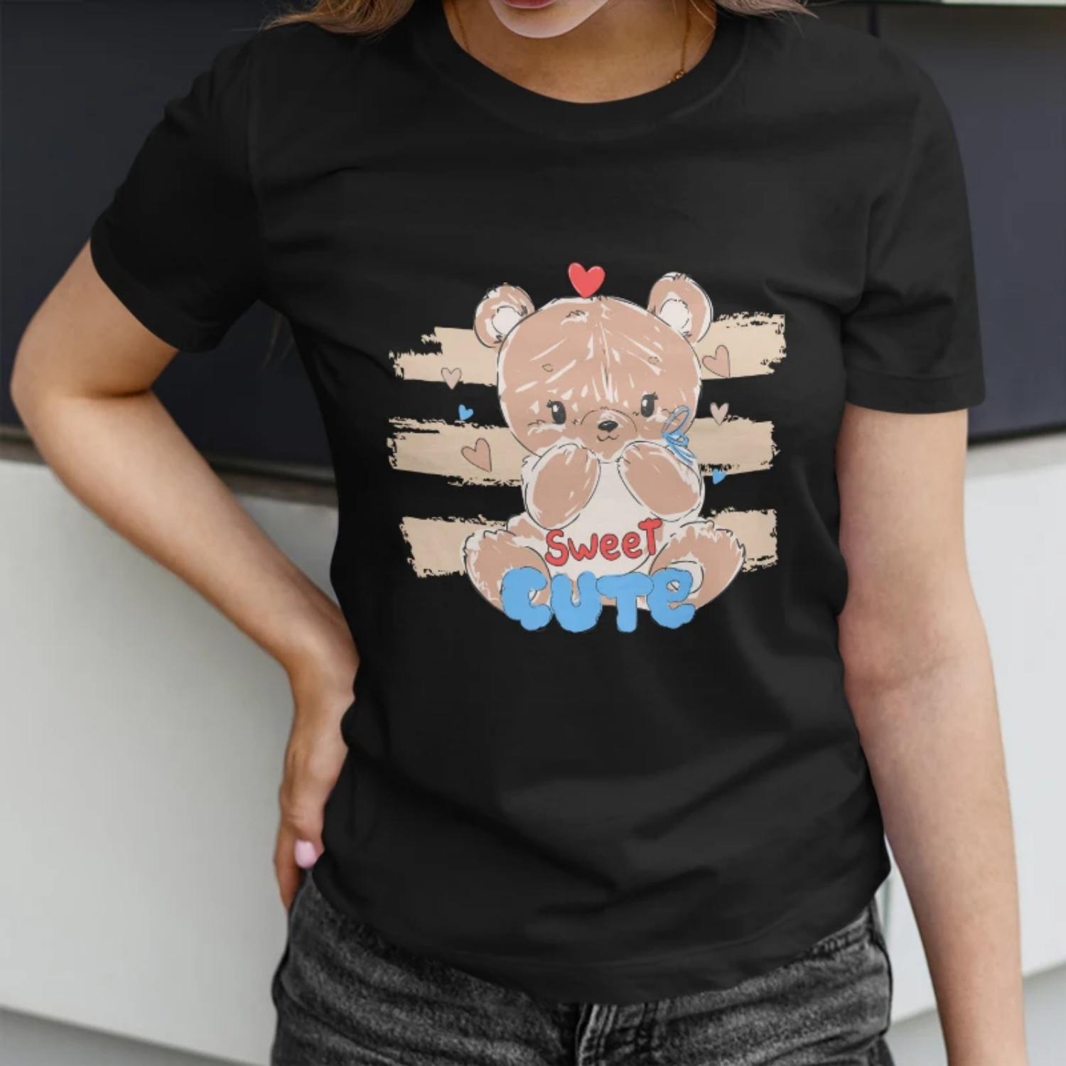 Women s Short Sleeve T Shirt  Sweet Cute  Trendy with Adorable Teddy Bear Print S чёрный